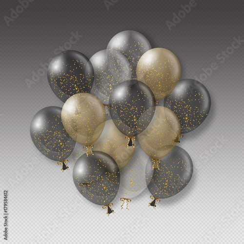 Transparent realistic balloons with confetti isolated. Party decorations for birthday, anniversary, celebration, wedding, event design. Vector illustration.