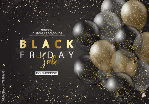 Black friday sale background with transparent realistic balloons. Modern design.Universal vector background for poster, banners, flyers, card.