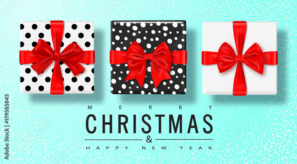 Merry Christmas and Happy New Year. Greeting card with gifts boxes set with bow. Vector illustration.