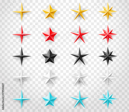 Stars realistic set of different colors isolated on transparent background. Decoration design element for your design