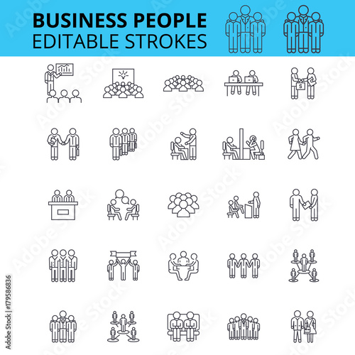 Business people ouline vector icons. Editable strokes. Group of business people signs set. Business team concept thin line icons. People and work and communication, businessmen logo