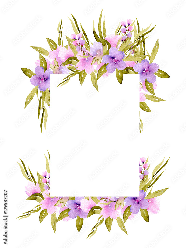 Frame border with pink and purple small wildflowers and green plants, hand painted in watercolor on a white background, for greeting card, wedding design, decoration postcard or invitation