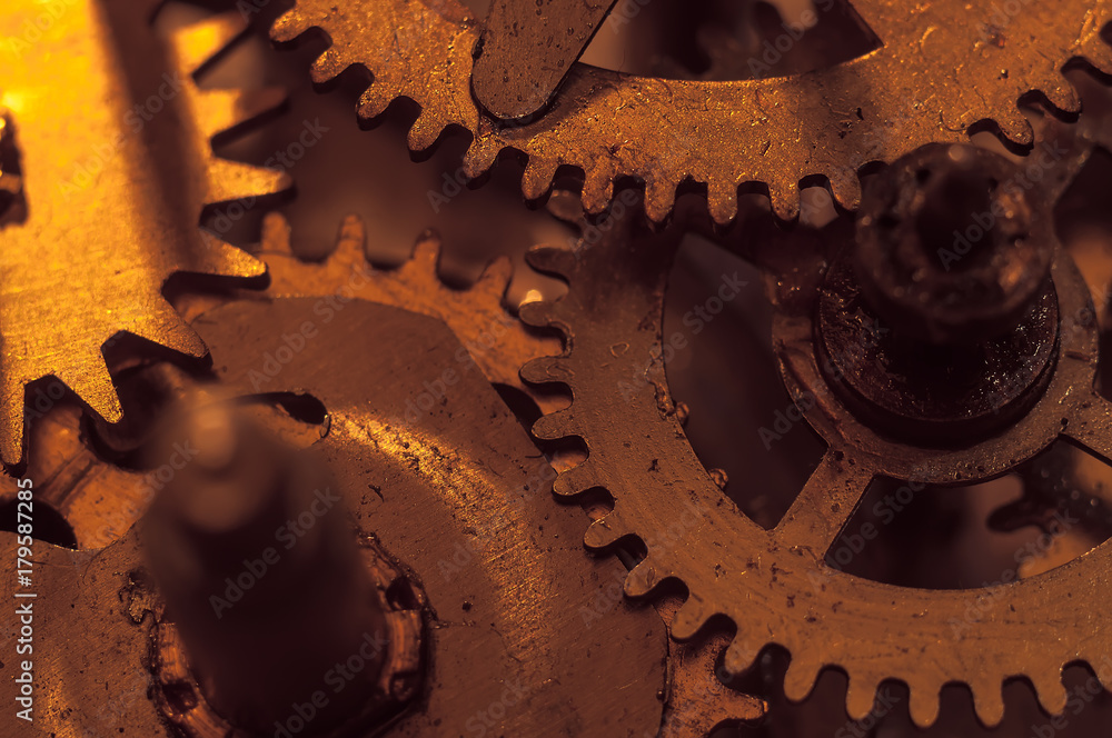 Mechanism and details of old retro clock close-up Mechanism and details of old retro clock close-up