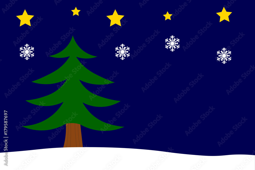 Weihnachtshintergrund mit Tannenbaum, Sternen und Schneeflocken