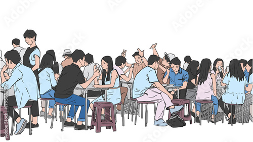 Illustration of people drinking and eating asian street food