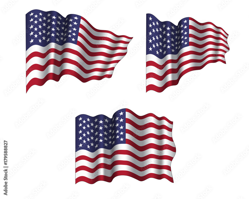 Vector set of realistic waving flags of USA. Template for Veterans Day, patriotic poster Vector set of realistic waving flags of USA. Template for Veterans Day, patriotic poster