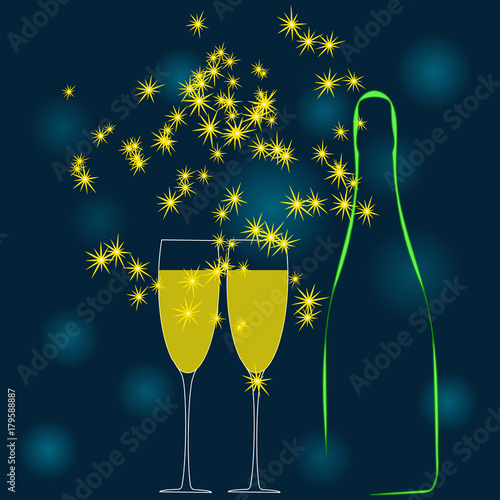 A champagne bottle and two glass of wine. Vector