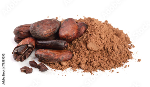 unpeeled cocoa bean with leaf and cocoa powder isolated on white background