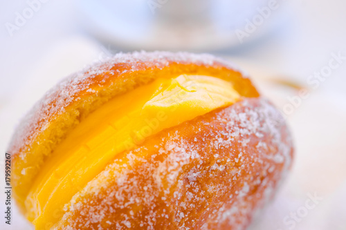Schilderij op canvas Bola De Berlim Portuguese Doughnut Or Berliner And Coffee