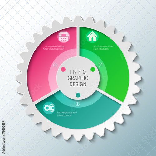 Gear wheel pie chart with 3 spokes. Flowchart with options for presentations, advertising, process steps, websites