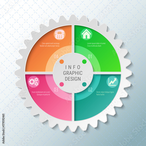 Gear wheel pie chart with 4 spokes. Flowchart with options for presentations, advertising, process steps, websites