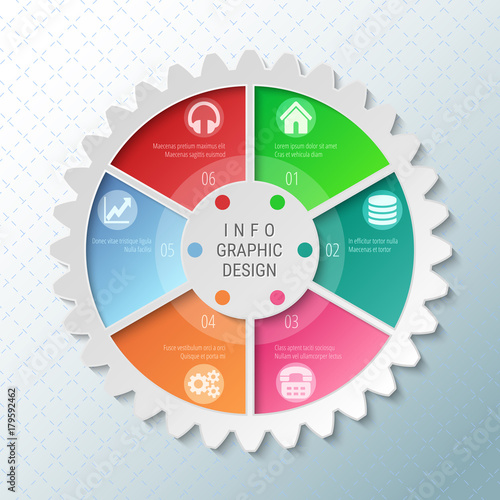 Gear wheel pie chart with 6 spokes. Flowchart with options for presentations, advertising, process steps, websites