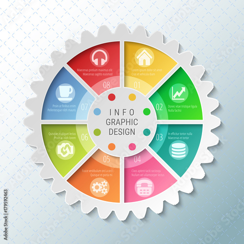 Gear wheel pie chart with 8 spokes. Flowchart with options for presentations, advertising, process steps, websites