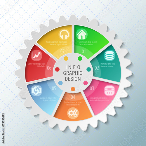 Gear wheel pie chart with 7 spokes. Flowchart with options for presentations, advertising, process steps, websites