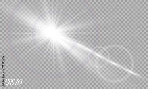 Lens flare light effect. Sun rays with beams isolated on transparent background. Vector illustration.