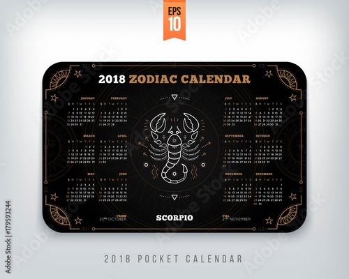 Scorpio 2018 year zodiac calendar pocket size horizontal layout Black color design style vector concept illustration photo