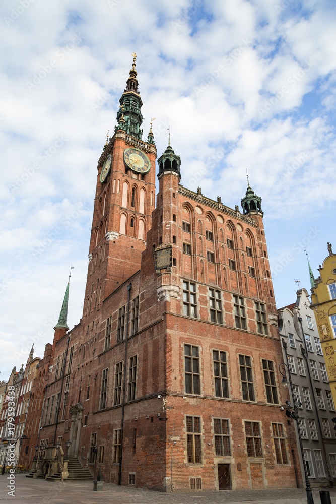 View of the Main Town Hall located at Long Market Street (Long Lane) at the Main Town (Old Town) in Gdansk, Poland.