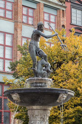 Historic Neptune Fountain  located at Long Market Street  Long Lane   in front of old buildings and tree in the autumn colors at the Main Town  Old Town  in Gdansk  Poland  in the autumn.