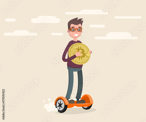 a guy skateboarding on a gyro and holding a bitcoin coin in his hand.