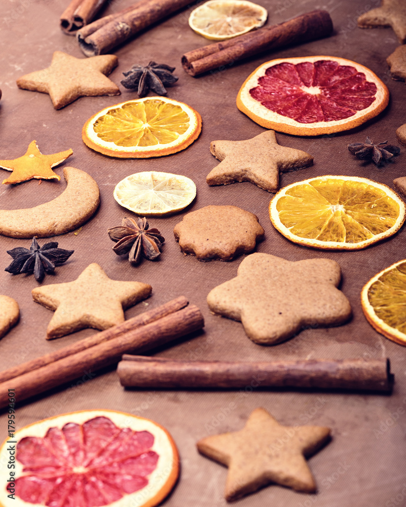 Christmas treats, a ginger cookies with anise and cinnamon. photoChristmas treats, a ginger cookies with anise and cinnamon. photo