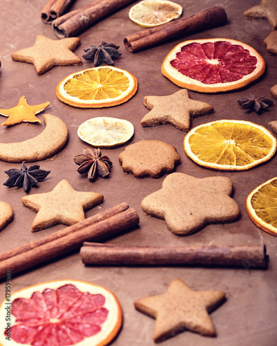 Christmas treats, a ginger cookies with anise and cinnamon. photoChristmas treats, a ginger cookies with anise and cinnamon. photo