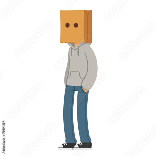 Character with paper bag hat on his head