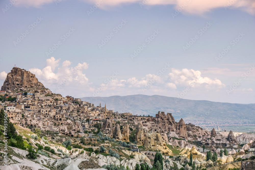 Goreme in Cappadocia Turkey, Panoramic or panorama photo of Uchisar, Nevsehir