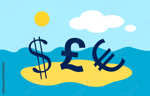 US dollar, British Pound and Euro are on beach as metaphor of Paradise papers affair and leak. Deception with offshore companies and finances