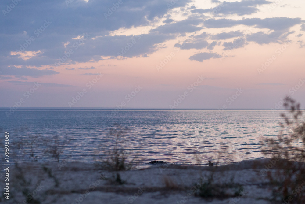 Calm  sea shore in rays of sunset sky.  Pink color of the sky. Silence, relaxation. Caspian Sea Kazakhstan Aktau 