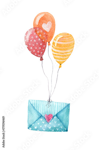 Isolated watercolor illustration of an envolope and balloons. A happy birthday gift. photo