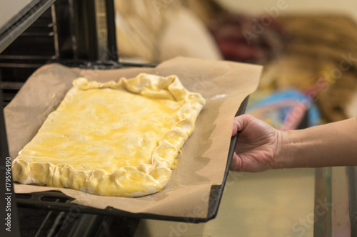 Female hands put in the oven a baking dish with a batter cake. photo