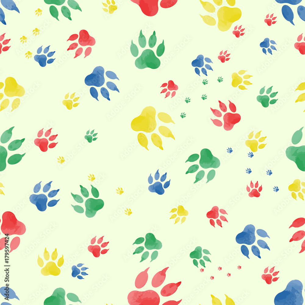 Seamless pattern of dog paw marks. Colorful traces of paws, made in watercolor, on a light background. Vektor Seamless pattern of dog paw marks. Colorful traces of paws, made in watercolor, on a light background. Vektor