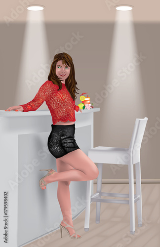 Girl leaning against the bar counter with a fruit cocktail, stool and spotlights