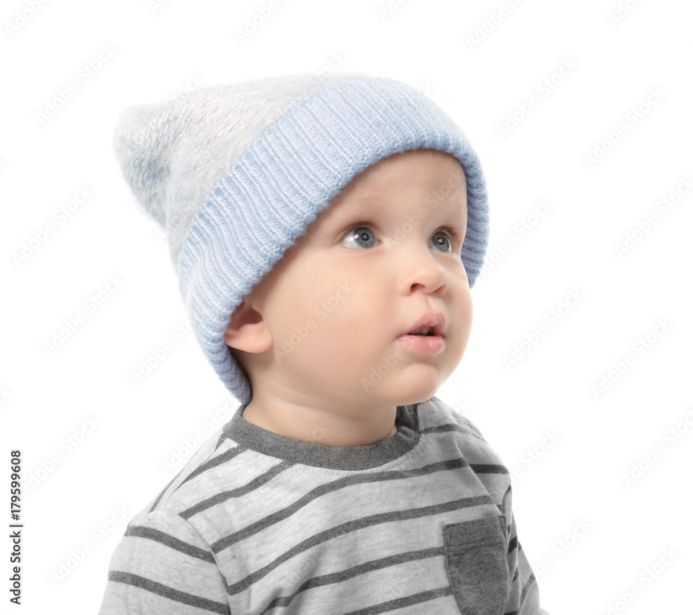 Cute little baby in winter hat, isolated on white Cute little baby in winter hat, isolated on white
