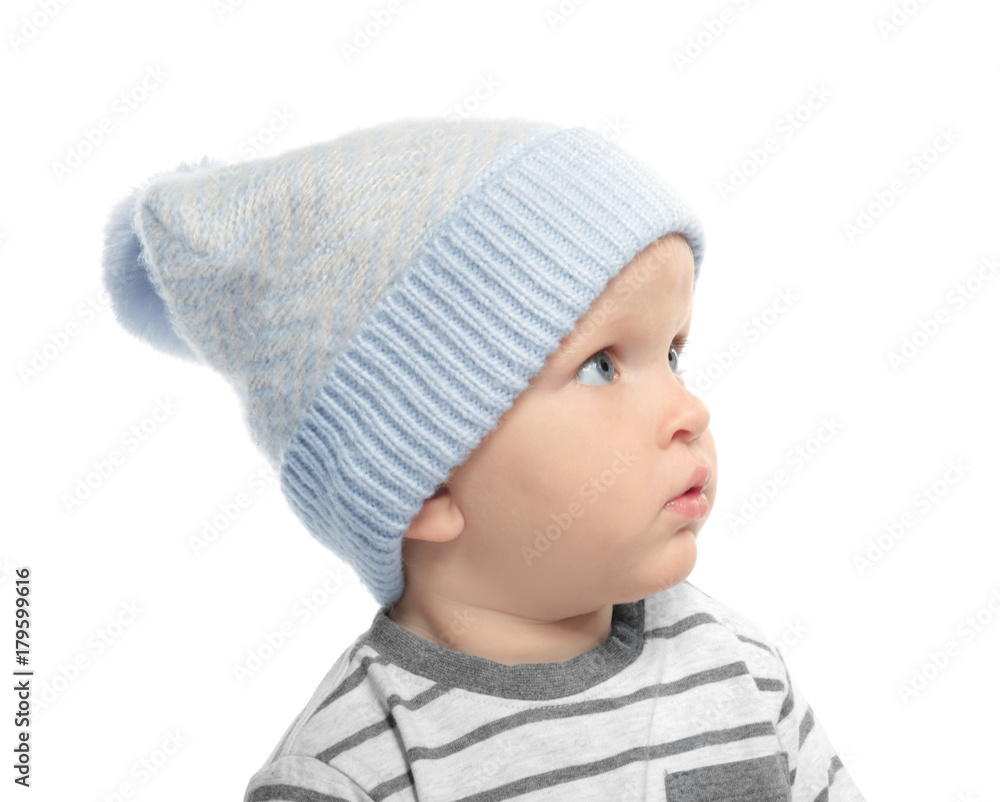 Cute little baby in winter hat, isolated on white Cute little baby in winter hat, isolated on white