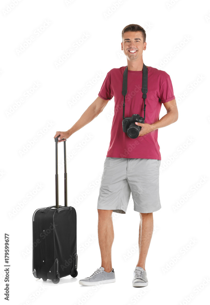 Attractive male tourist on white background Attractive male tourist on white background