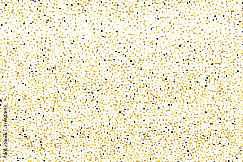Background with Golden glitter, confetti with black dust, grains. Gold polka dots, circles, round Bright festive, festival pattern