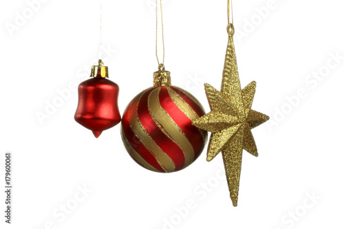 Red and Yellow Christmas Tree Ornament, ball, star, decorations. Isolated white background.