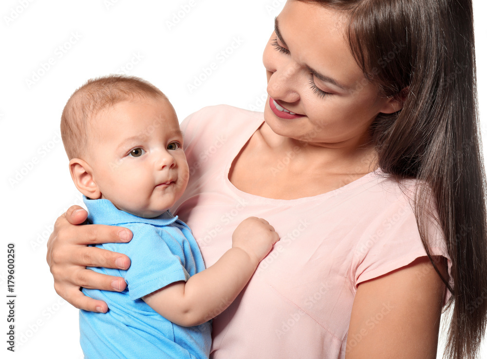 Happy young woman with cute baby on white background Happy young woman with cute baby on white background