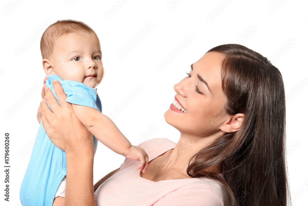 Happy young woman with cute baby on white background Happy young woman with cute baby on white background