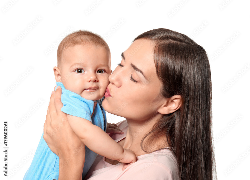 Happy young woman with cute baby on white background Happy young woman with cute baby on white background