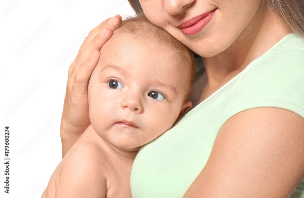 Happy young woman with cute baby on white background Happy young woman with cute baby on white background