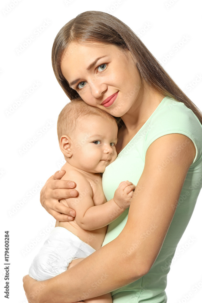 Happy young woman with cute baby on white background Happy young woman with cute baby on white background