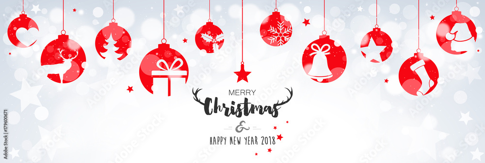 Christmas card 2018 with hanging balls on bokeh