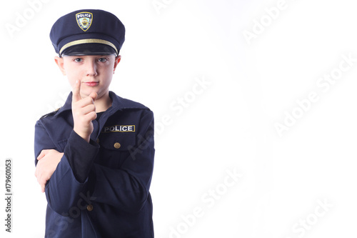 Young boy in policeman costume.