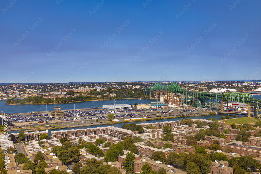 aerial of harbor area in Boston