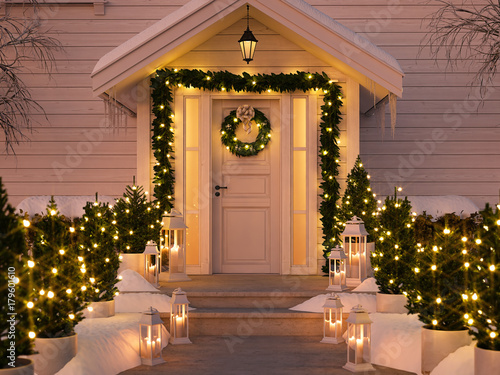 christmas decorated porch with little trees and lanterns. 3d rendering
