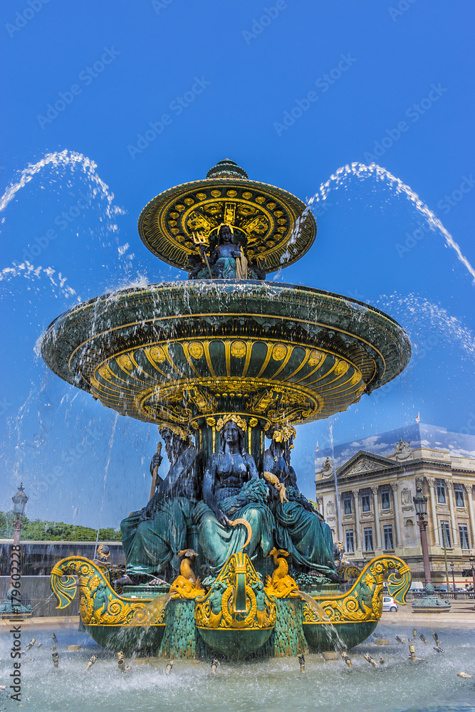Fontaines de la Concorde (designed by Jacques Ignace Hittorff, 1840) on Place Concorde in Paris, France. North fountain commemorates navigation and commerce on the rivers of France.