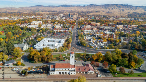 Aerial view of Train depot and Boise Idaho with lots of autumn trees