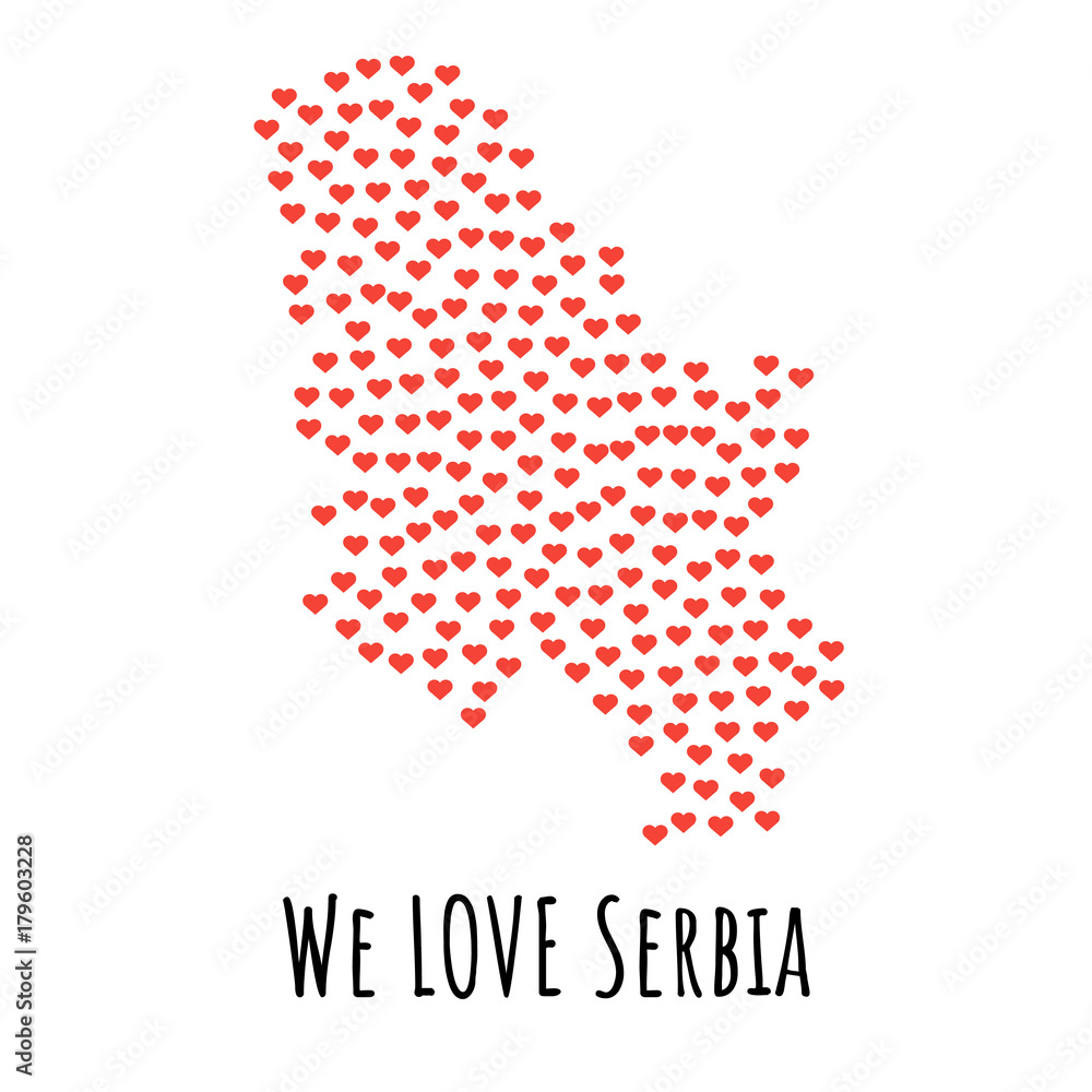 Serbia Map with red hearts - symbol of love. abstract background